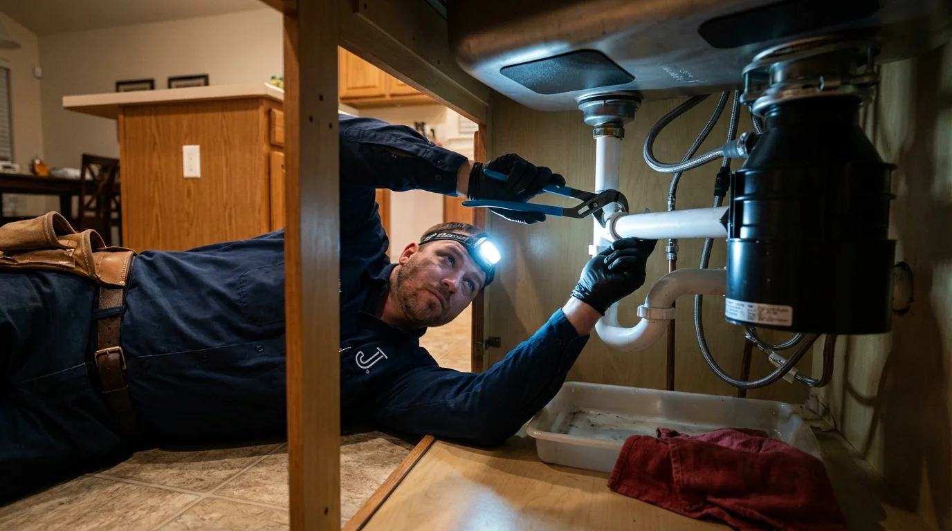 P-trap and supply line connections under a kitchen sink showing a common leak point in Liberty, PA
